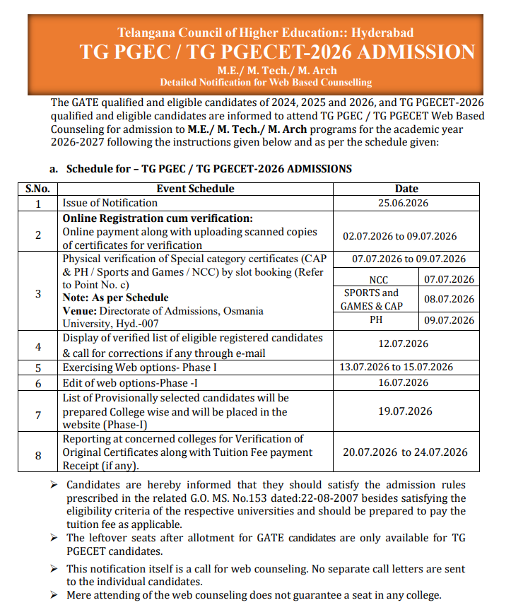 TS PGECET 2026 Counselling Registration Opens for ME MTech MArch
