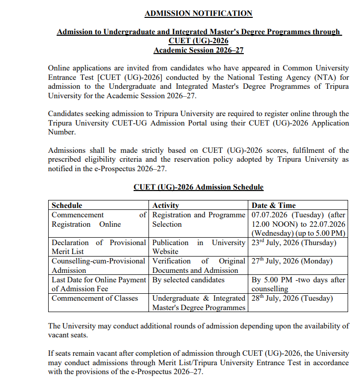 Tripura University UG CUET Registration 2026 Begins Last Date July 22