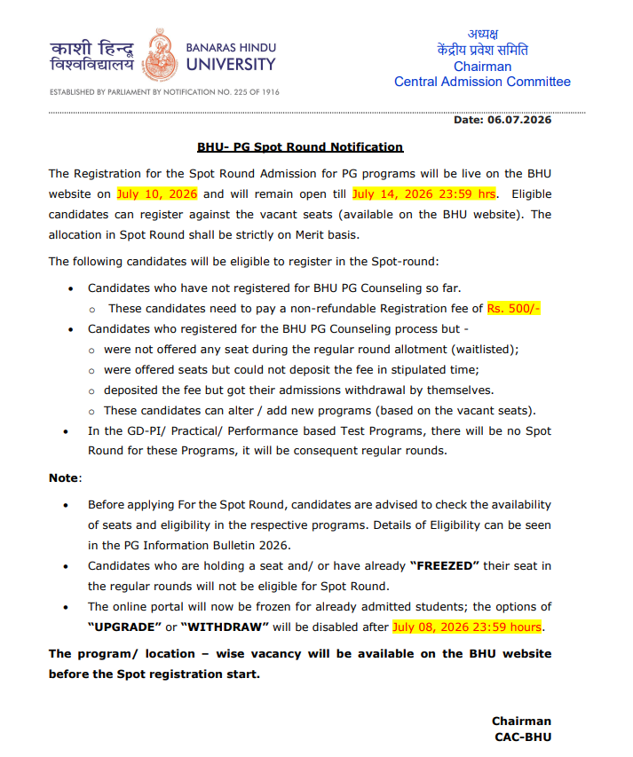 BHU PG Spot Round 2026 Registration Ends July 14