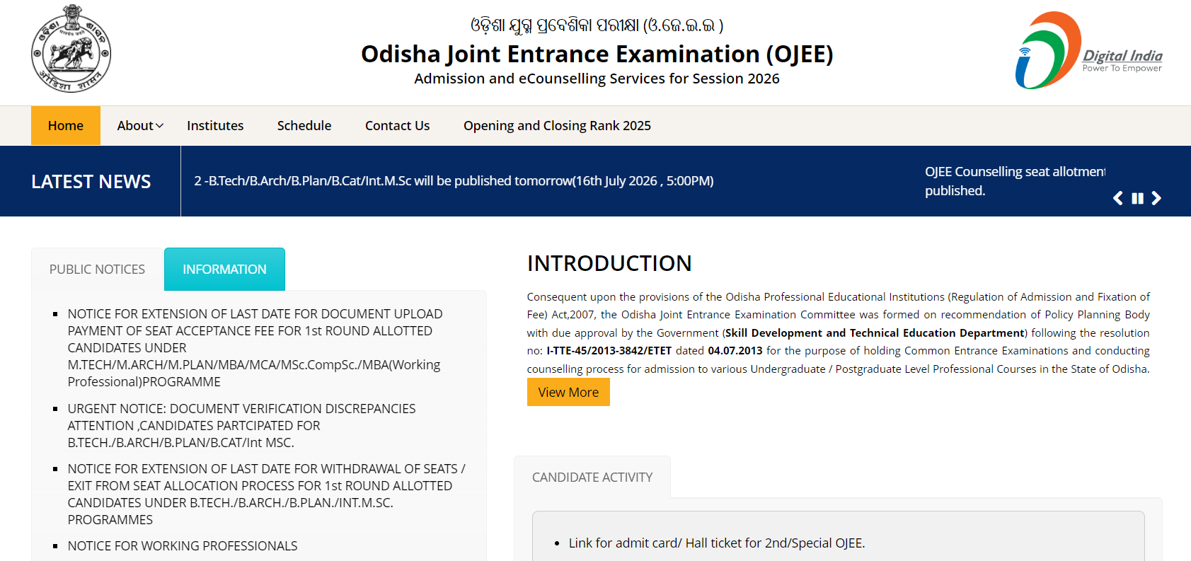 OJEE Counselling 2026 Round 2 UG Seat Allotment Postponed to July 16; Check New Result Time
