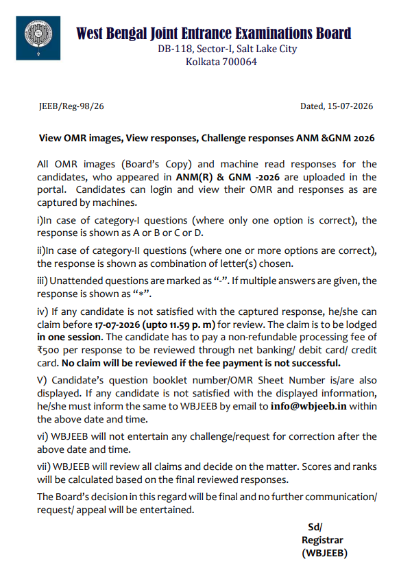 WBJEE ANM GNM 2026 OMR Response Sheet Out Challenge Window Closes July 17