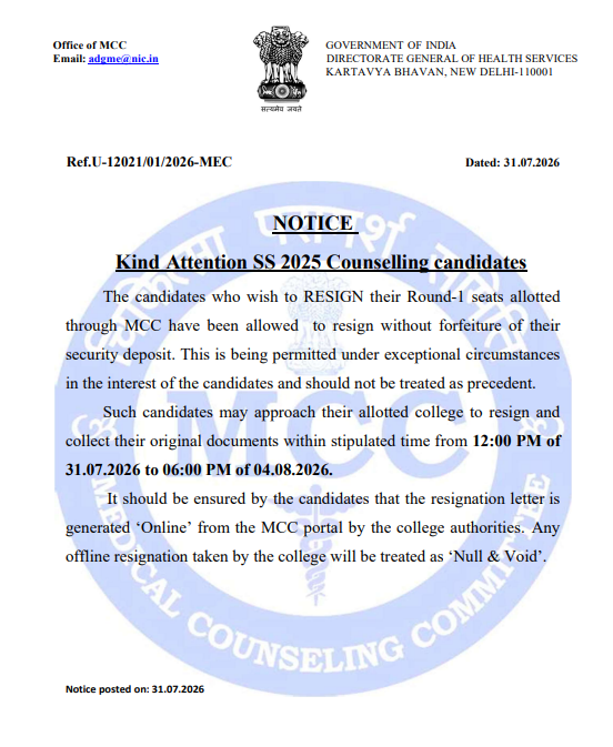 MCC NEET SS 2025 Round 1 Resignation Window Now Open