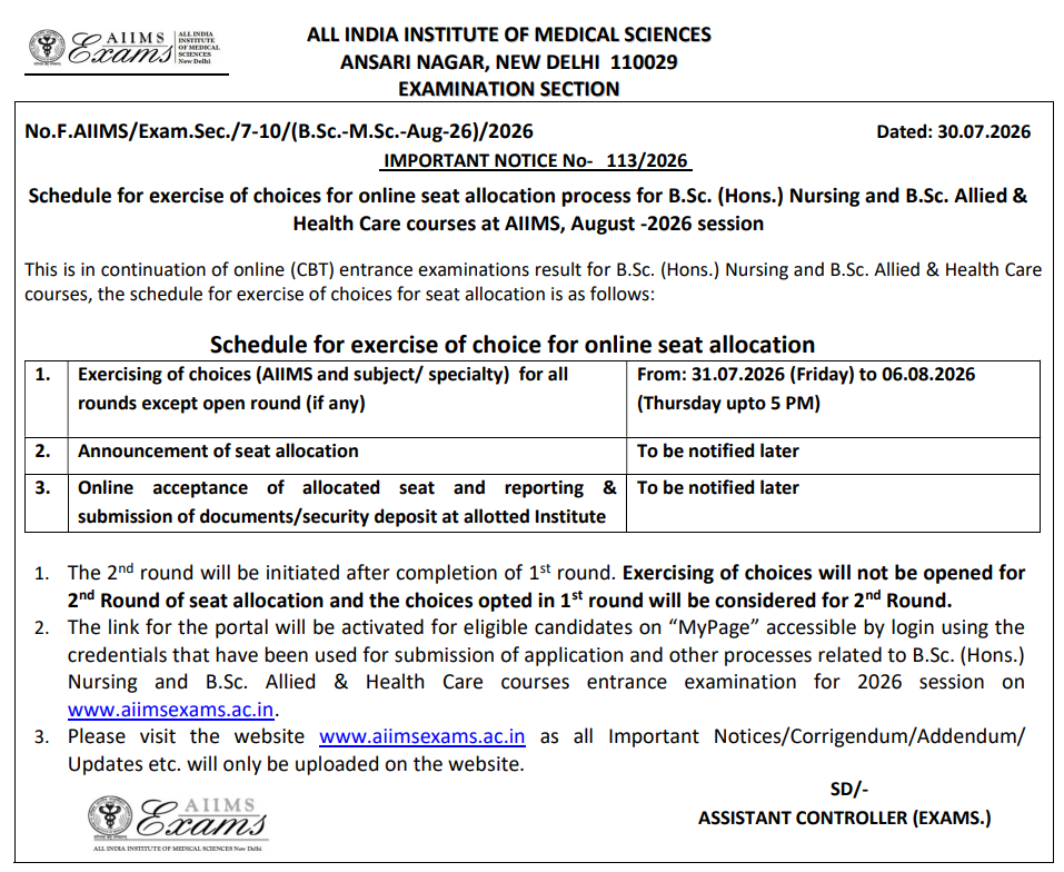 AIIMS BSc Nursing Counselling 2026 Choice Filling Begins