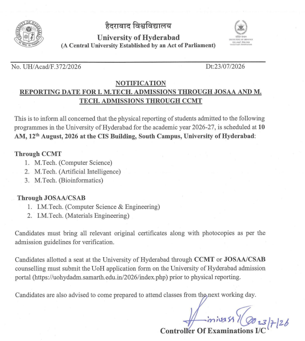 University of Hyderabad MTech and Integrated MTech Admission 2026 Reporting Schedule Out; Report on August 12