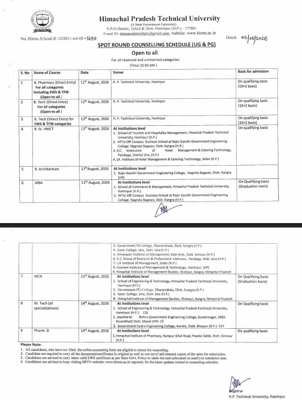 HPCET 2026 Spot Round Counselling Schedule (UG & PG)