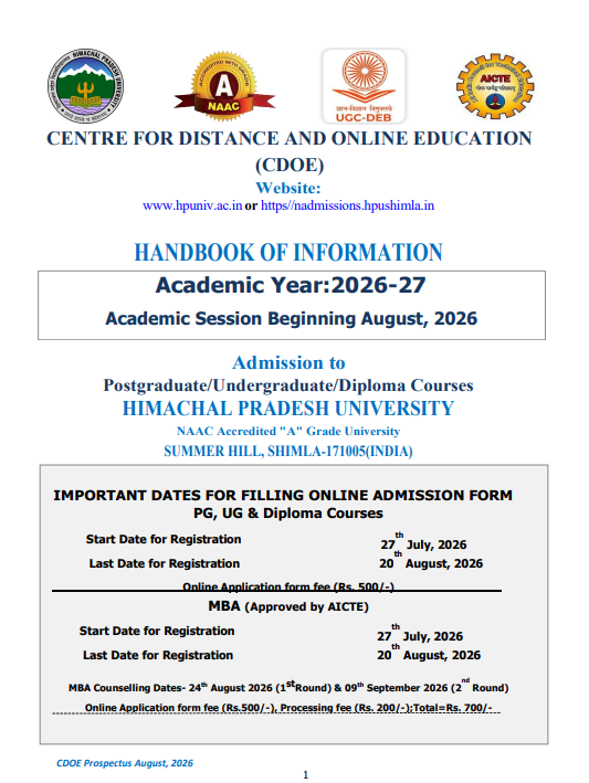 HPU ICDEOL UG PG and Diploma Admission 2026 Open Apply by August 20