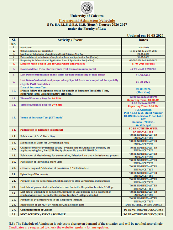 Calcutta University Law Entrance Test 2026 Schedule