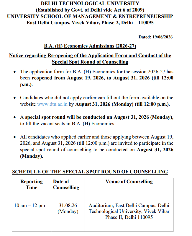 DTU BA Hons Economics 2026 Special Spot Round Counselling on August 31