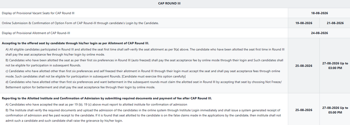 MAH MBA CET CAP 2026 Round 3 Allotment Out Seat Acceptance from August 25
