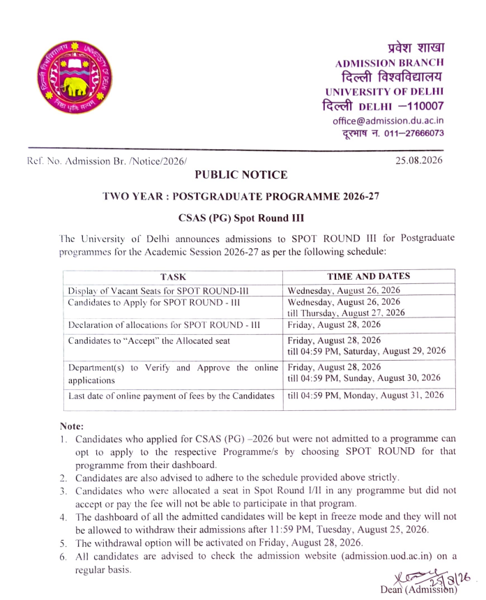 DU PG Spot Round 3 2026 Important Dates
