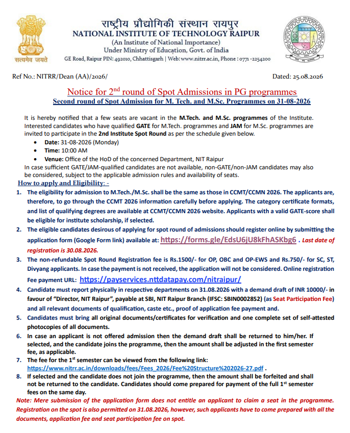 NIT Raipur PG 2nd Spot Round 2026 Key Details