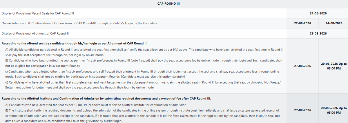 MAH BArch CAP 2026 Round 3 Important Dates