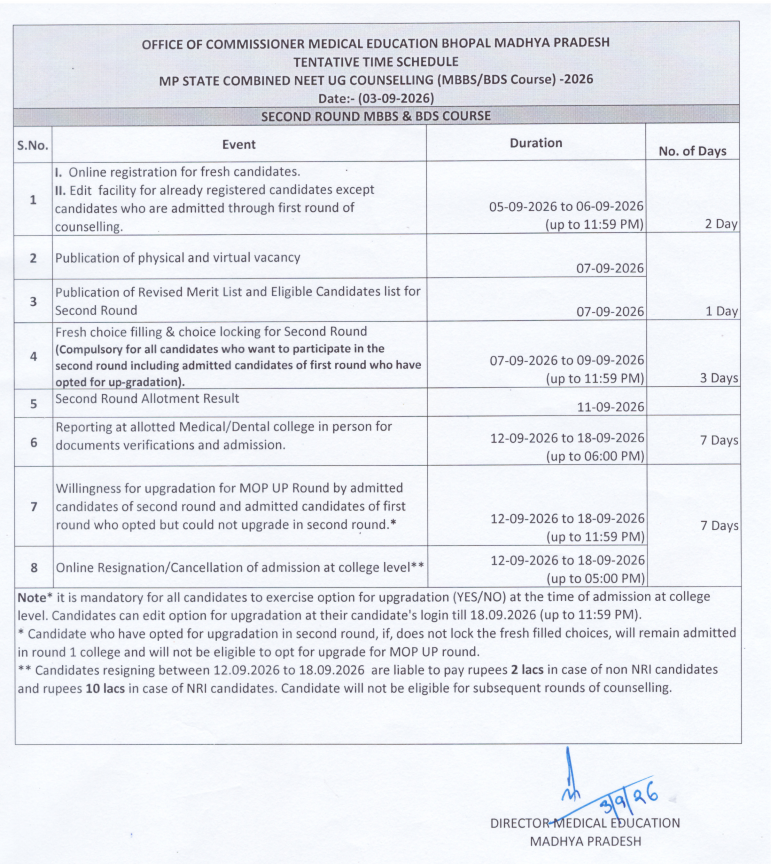 MP NEET UG Round 2 Counselling 2026 Key Dates