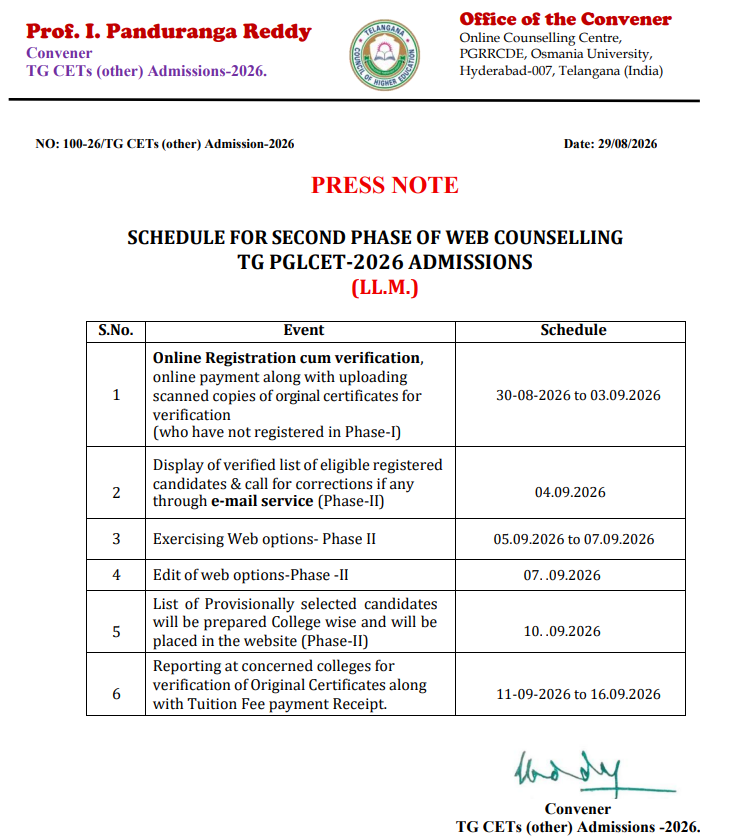 TG PGLCET 2026 Phase 2 Key Dates