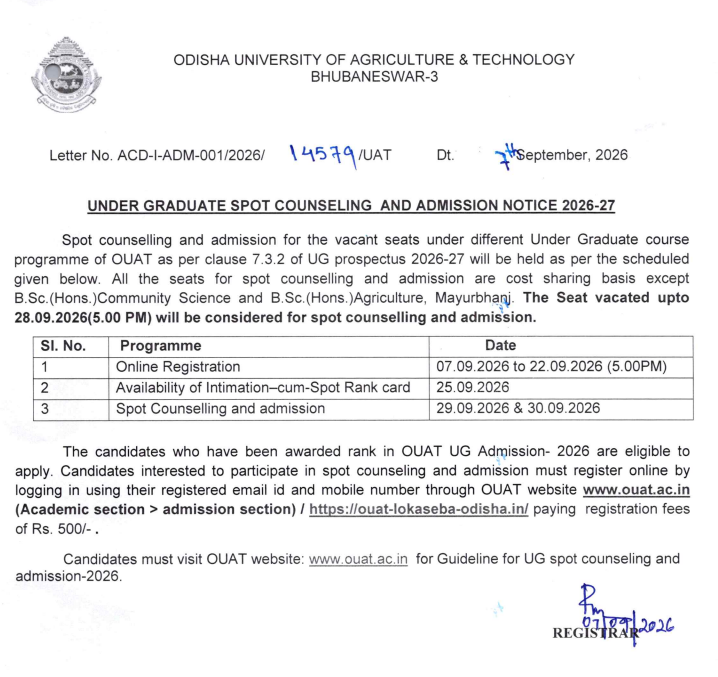 OUAT UG Spot Counselling 2026-27 Important Dates