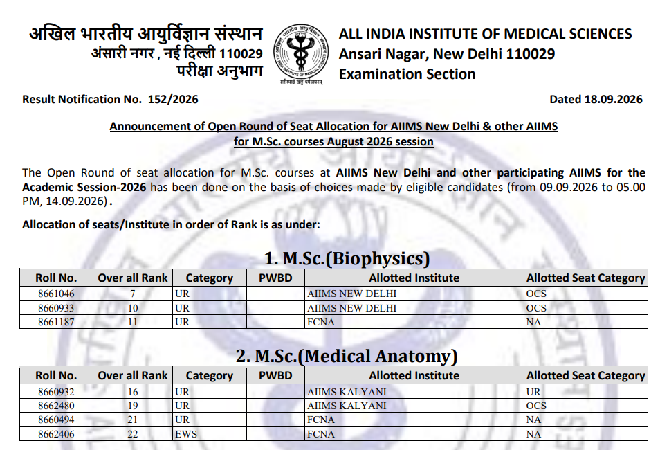 AIIMS MSc Open Round Counselling 2026 Seat Allotment Out