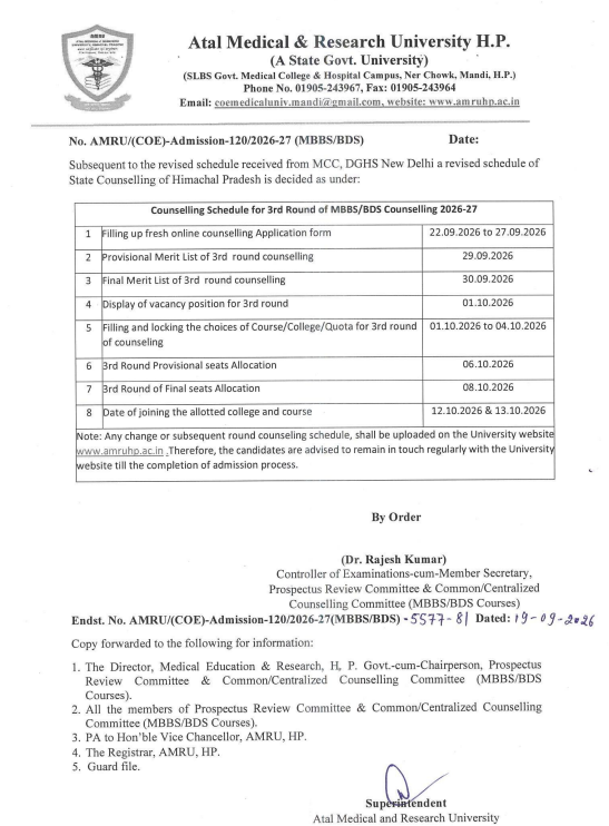 HP NEET UG Round 3 Counselling 2026 Important Dates