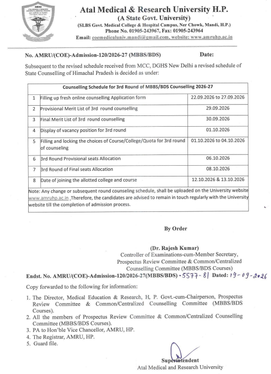 HP NEET UG 2026 Round 3 Important Dates