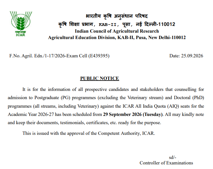 ICAR AIEEA PG Counselling 2026 Key Details