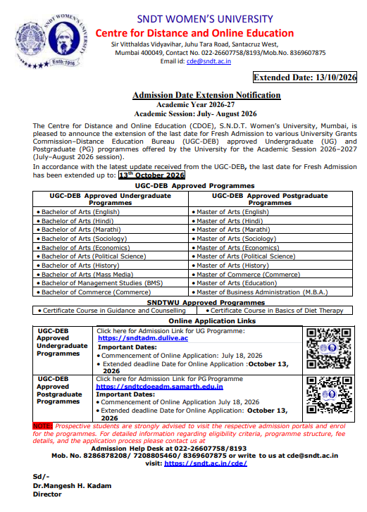SNDT CDOE Admission 2026-27 Key Details