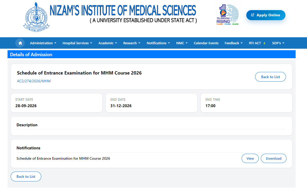 NIMS MHM 2026-27 Key Details