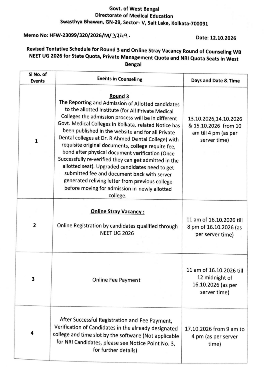 WB NEET UG 2026 Round 3 Revised Allotment Key Details