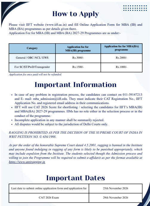 IIFT MBA 2027-29 Key Details