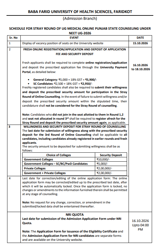 Punjab NEET UG Stray Vacancy Round 2026 Counselling Schedule