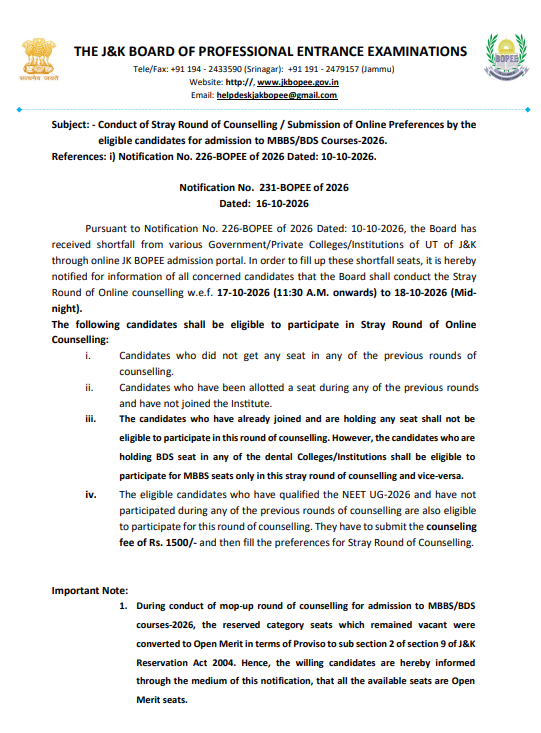 Key Details of JK NEET UG Stray Round 2026