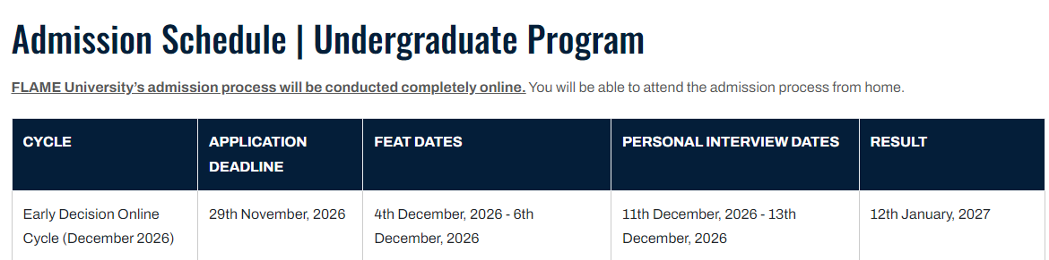 FLAME University UG Admission 2027-28 Early Decision Cycle Key Dates