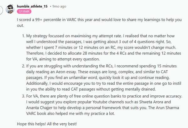 Reddit’s Strategy to hit 95%+ in the VARC Section of CAT 2025