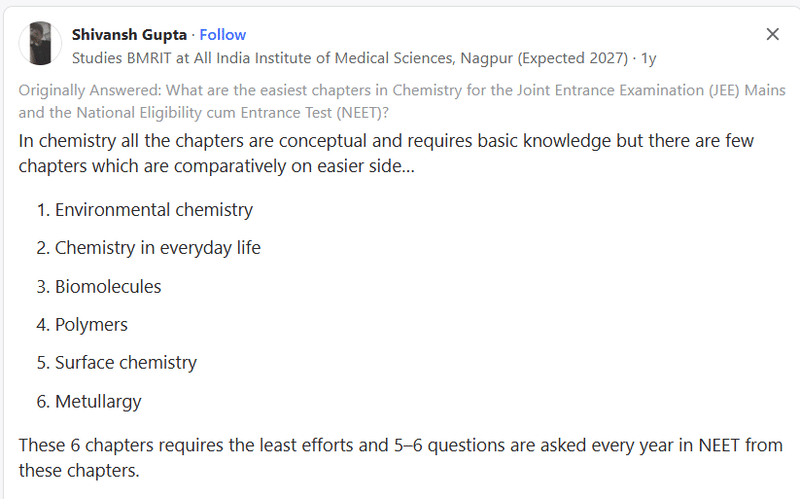NEET 2026 Chemistry Syllabus Easy Chapters: Quora Discussion