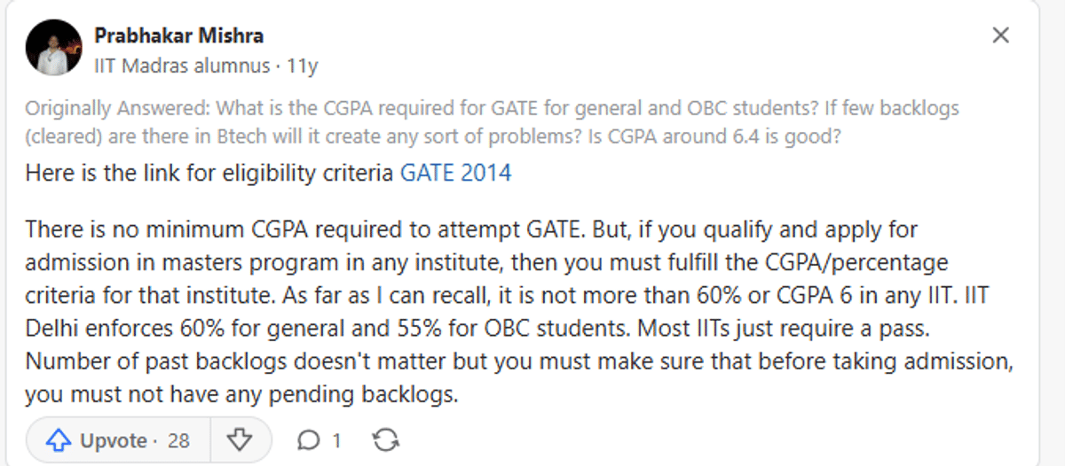 What is the GATE Exam Eligibility CGPA for General and OBC