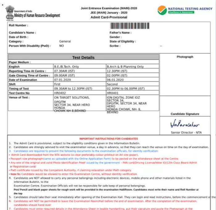 JEE Main Admit Card