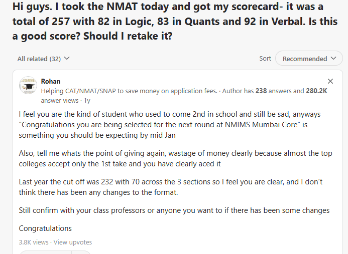 Is 250 a good score in NMAT Reddit