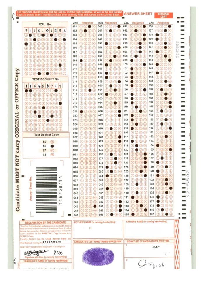 Sample NEET OMR Sheet