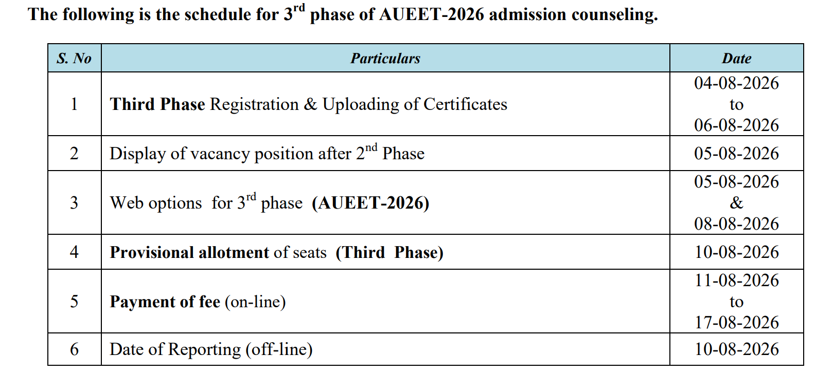 AUEET 2026 Third Phase Counselling Schedule