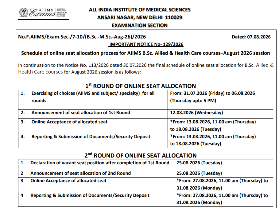 AIIMS Paramedical Round 1 Allotment 2026 Out Reporting Deadline August 18