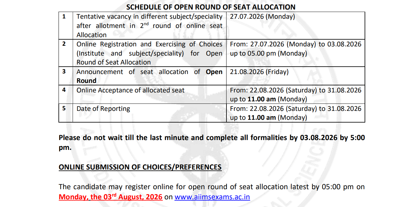 INI CET July 2026 Open Round Schedule