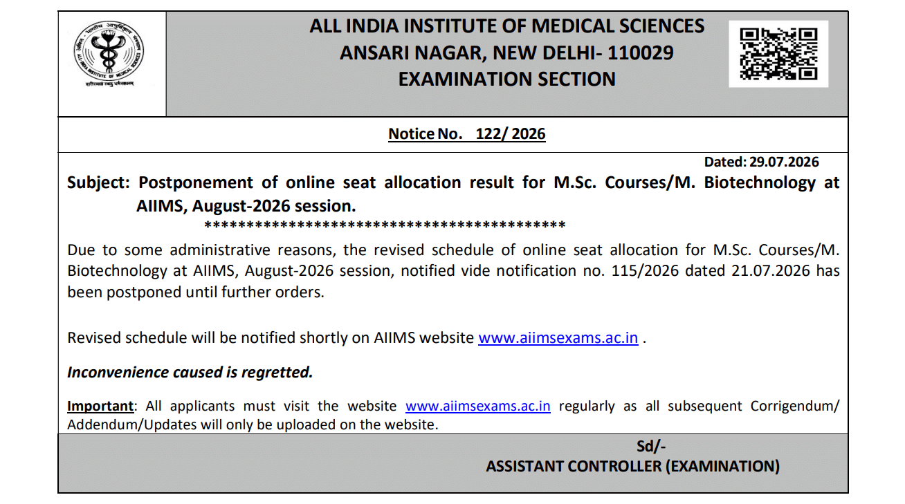 AIIMS M.Sc. Seat Allocation 2026 Key Details