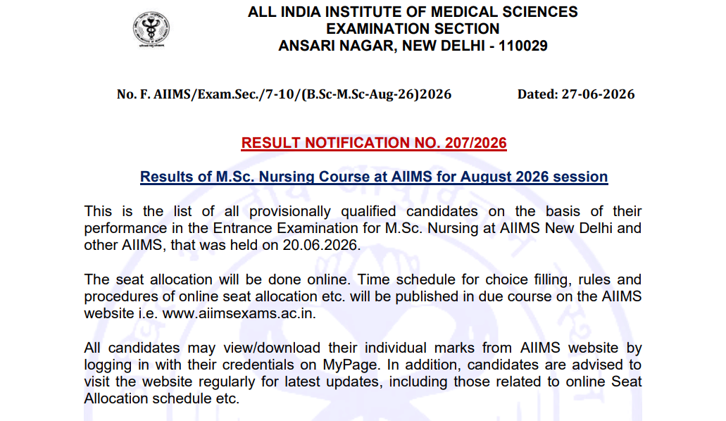 AIIMS MSc Nursing 2026 Result Out for August Session