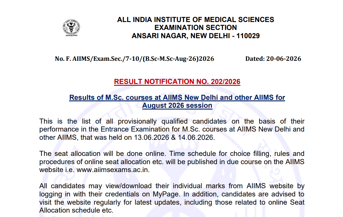 AIIMS MSc 2026 Result Out Check Scorecard 