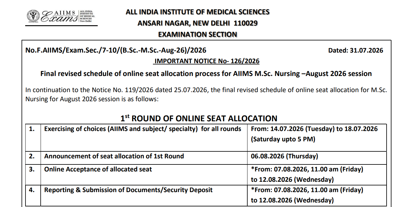 AIIMS MSc Nursing 2026 Revised Counselling Schedule