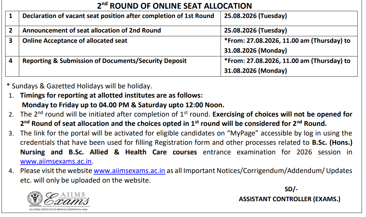 AIIMS Paramedical Round 2 2026 Key Dates
