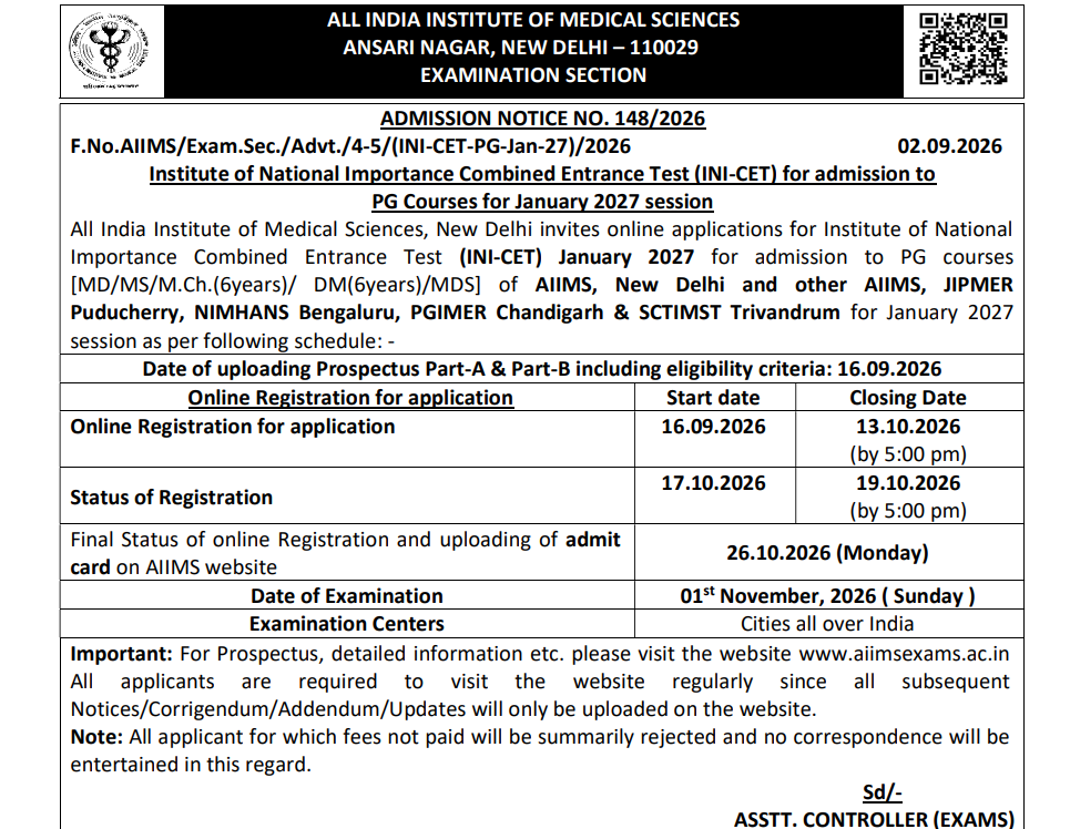 INI CET January 2027 Important Dates