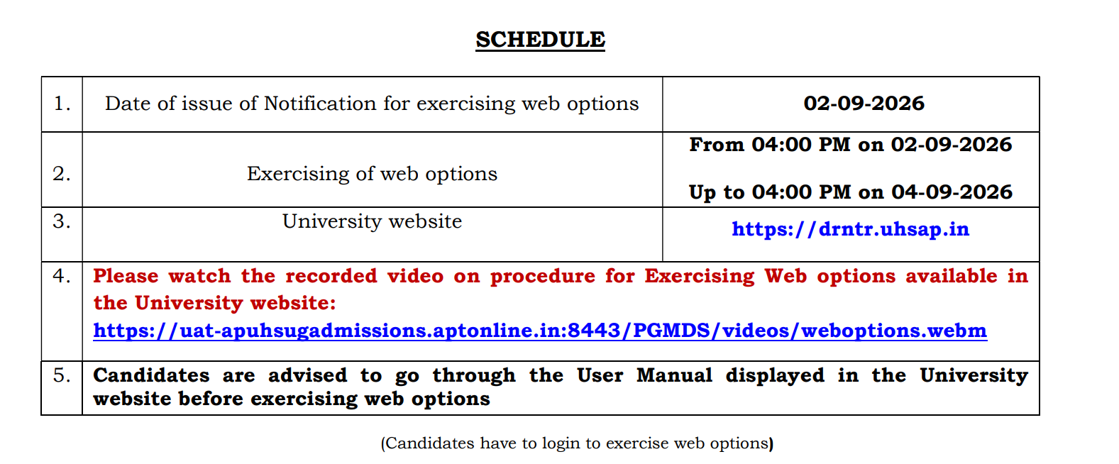AP NEET MDS 2026 Phase 1 Web Options Schedule