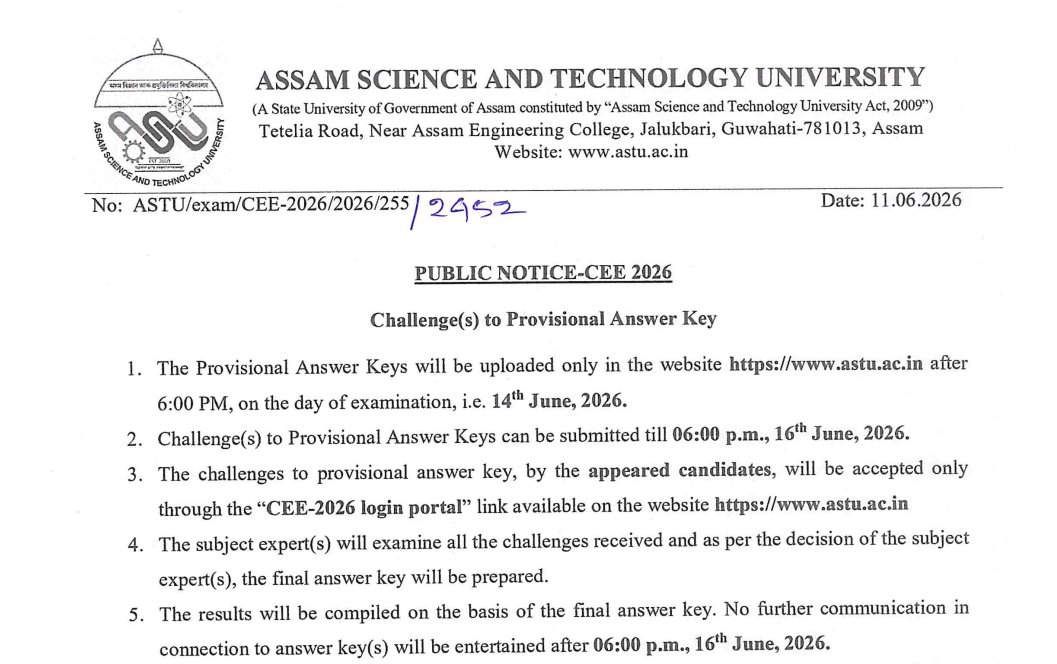 Assam CEE 2026 Answer Key Releases on June 14 After 6 PM