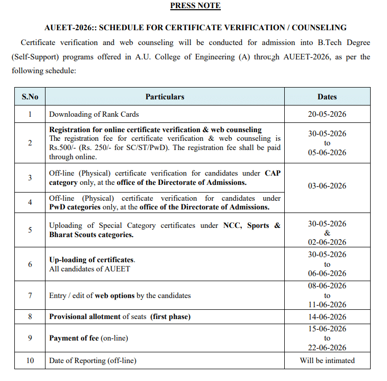 AUEET 2026 Counselling Schedule Out