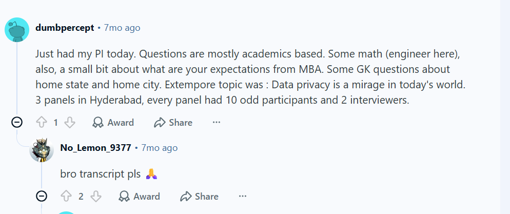 Reddit review PGP admission process IIM-I