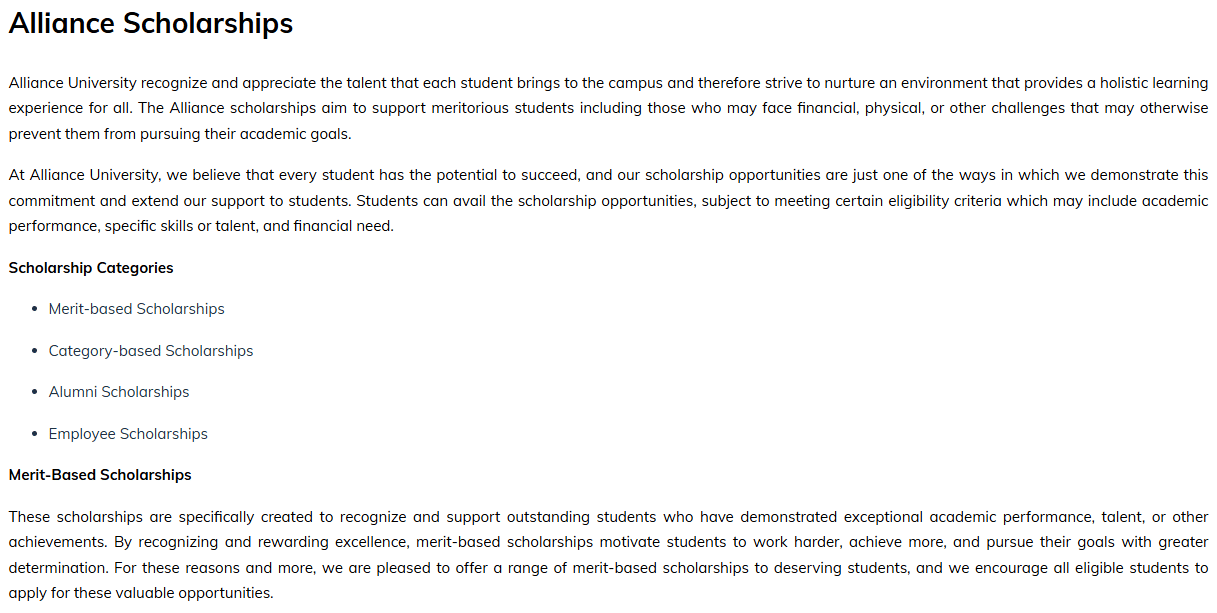 Alliance University Scholarships 2026